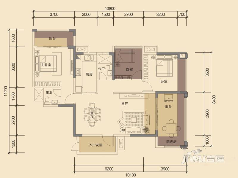 华泓·四季花城2室2厅1卫99.3㎡户型图