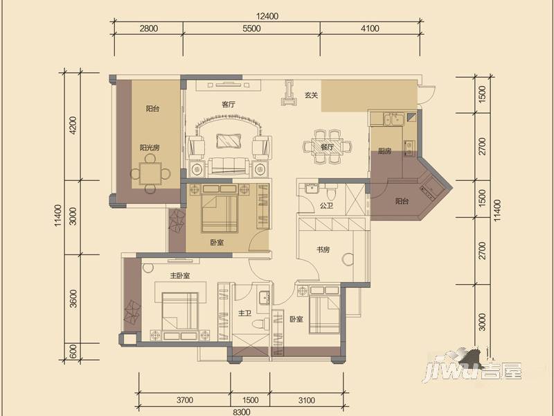 华泓·四季花城3室2厅2卫111.2㎡户型图