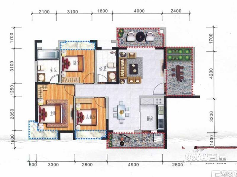 大欣城世纪花园3室2厅2卫114㎡户型图