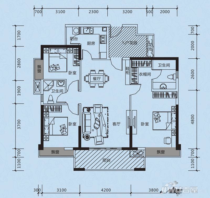 金瑞彩虹湾3室2厅2卫129.2㎡户型图