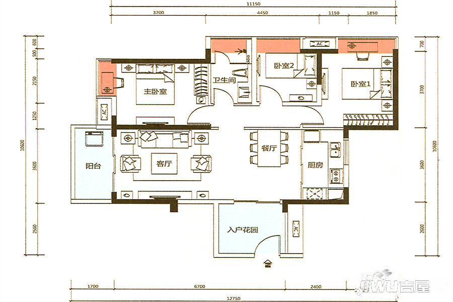 海伦堡爱Me城市3室2厅1卫91.8㎡户型图