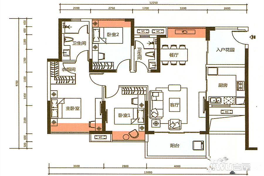 海伦堡爱Me城市3室2厅2卫105.2㎡户型图