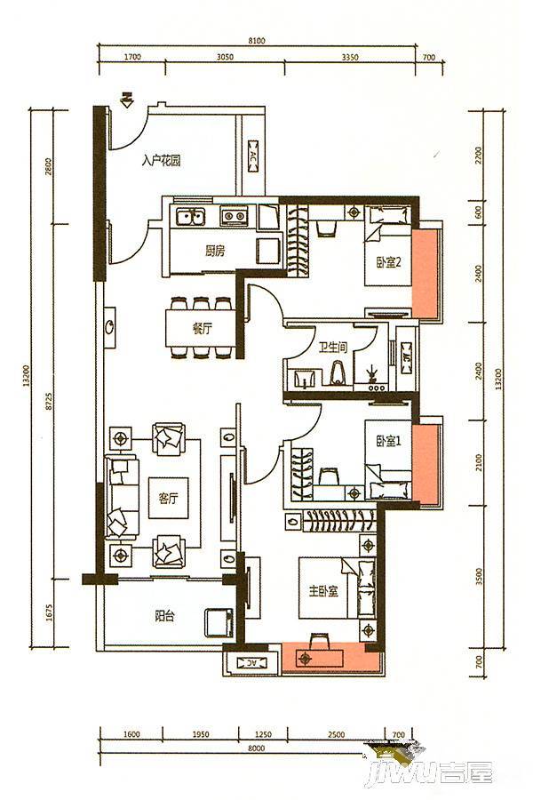 海伦堡爱Me城市3室2厅1卫98.5㎡户型图