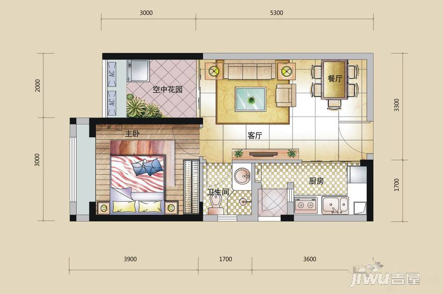 龙城一品1室2厅1卫48.8㎡户型图