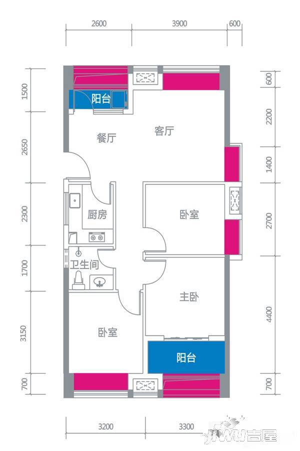 缤纷TOWN3室2厅1卫92㎡户型图