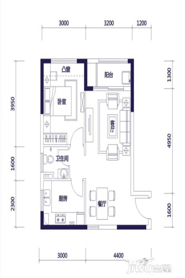 惠东国际新城1室2厅1卫60㎡户型图