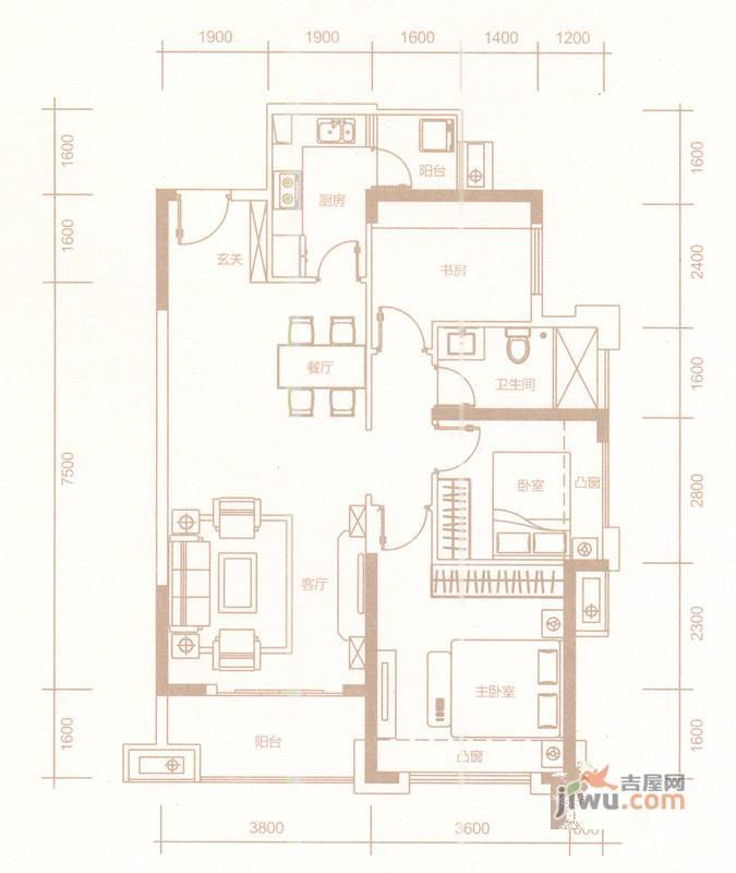 惠东国际新城3室2厅1卫97.4㎡户型图