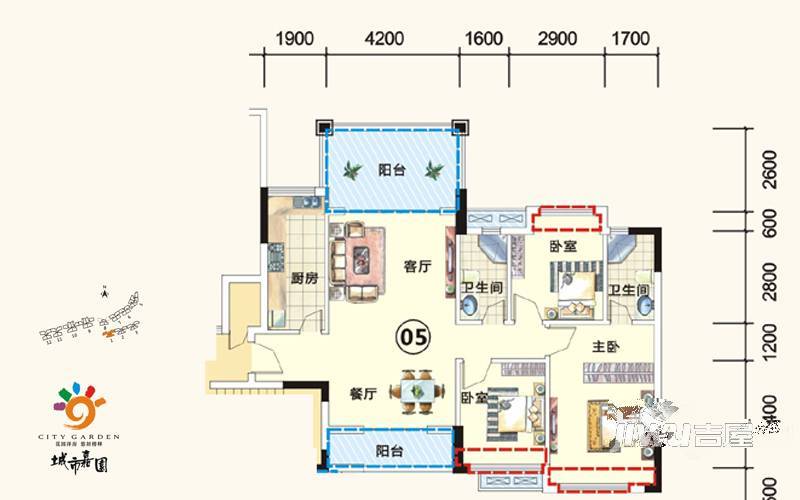 城市嘉园3室2厅2卫107.3㎡户型图