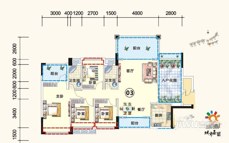 城市嘉园4室2厅2卫132.1㎡户型图