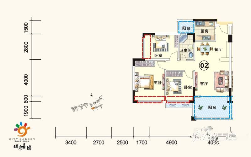 城市嘉园3室2厅1卫91.8㎡户型图