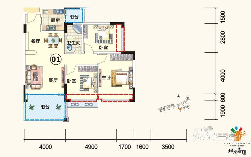 城市嘉园3室2厅1卫91.8㎡户型图