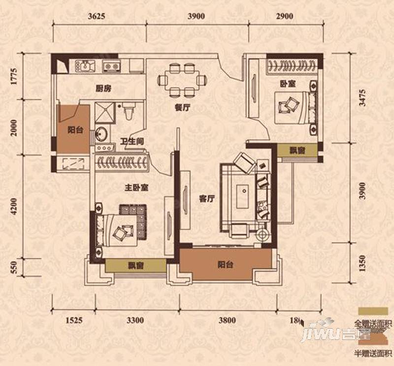 王府钓鱼台2室2厅1卫88㎡户型图