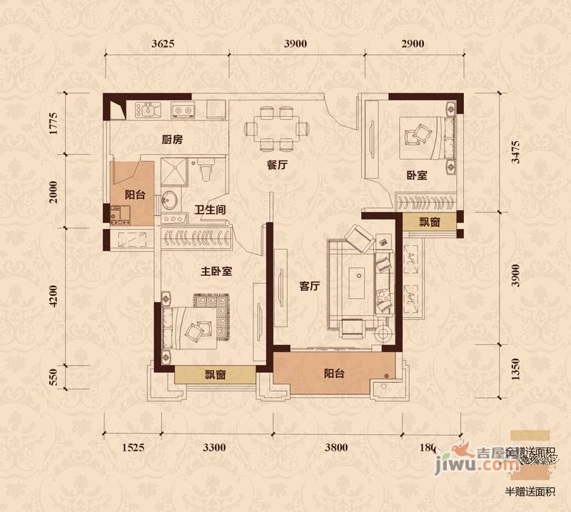 王府钓鱼台2室2厅1卫88㎡户型图