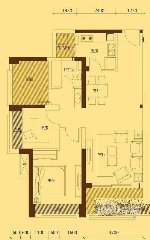 中信凯旋城3室2厅1卫88㎡户型图