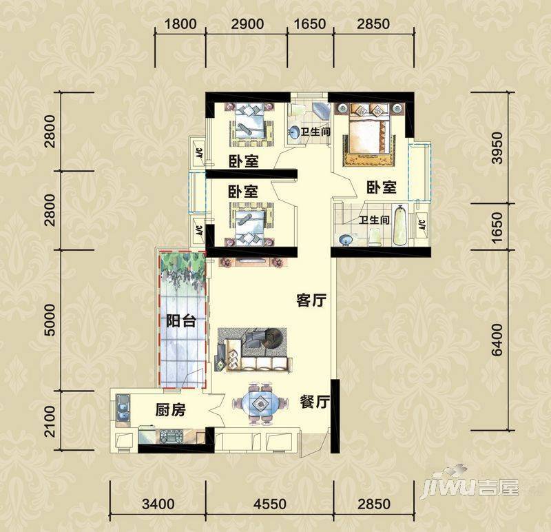 鹏达御西湖3室2厅2卫104㎡户型图