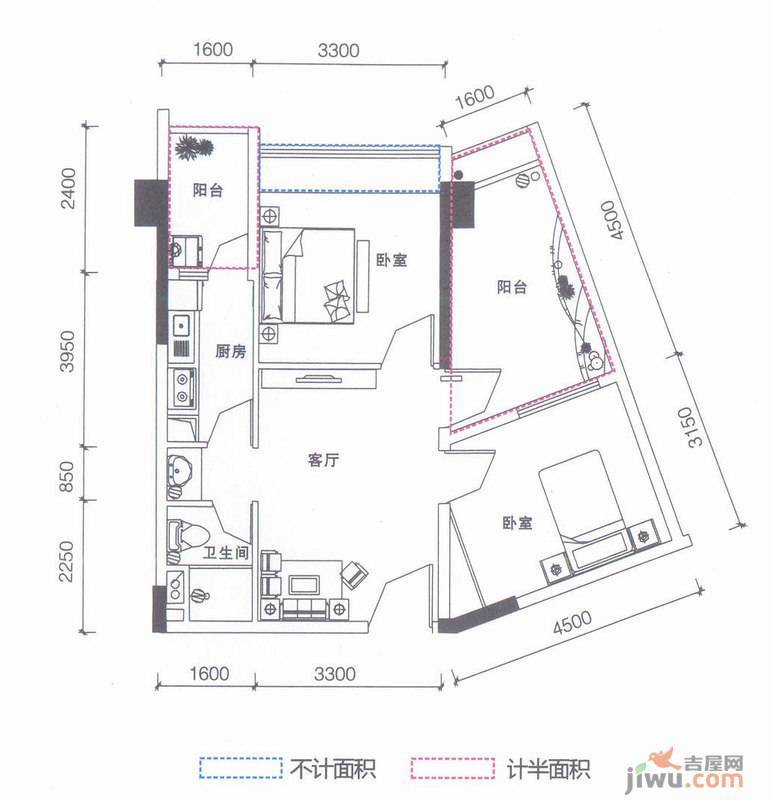 鹏达御西湖2室1厅1卫70㎡户型图