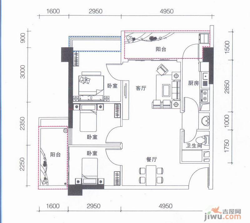 鹏达御西湖3室2厅1卫84㎡户型图