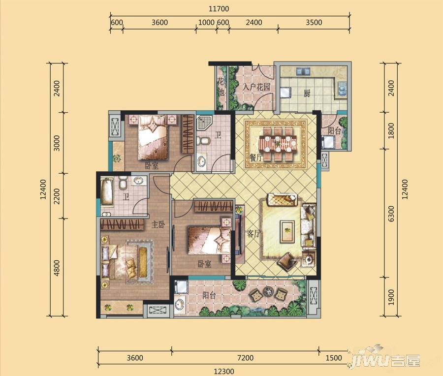 万林湖9期3室2厅2卫130㎡户型图