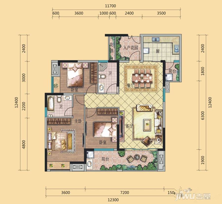 万林湖9期3室2厅2卫130㎡户型图