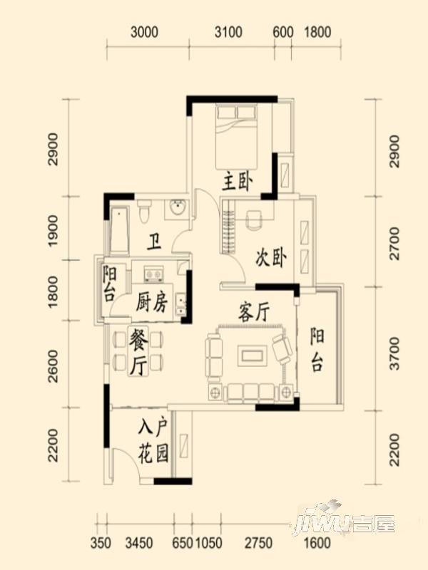 鼎浩城2室2厅1卫70㎡户型图