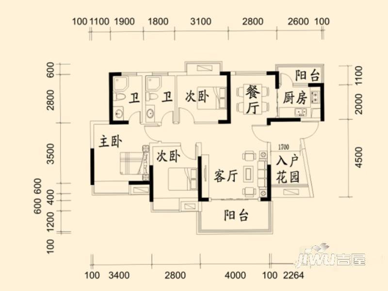 鼎浩城3室2厅2卫104.5㎡户型图