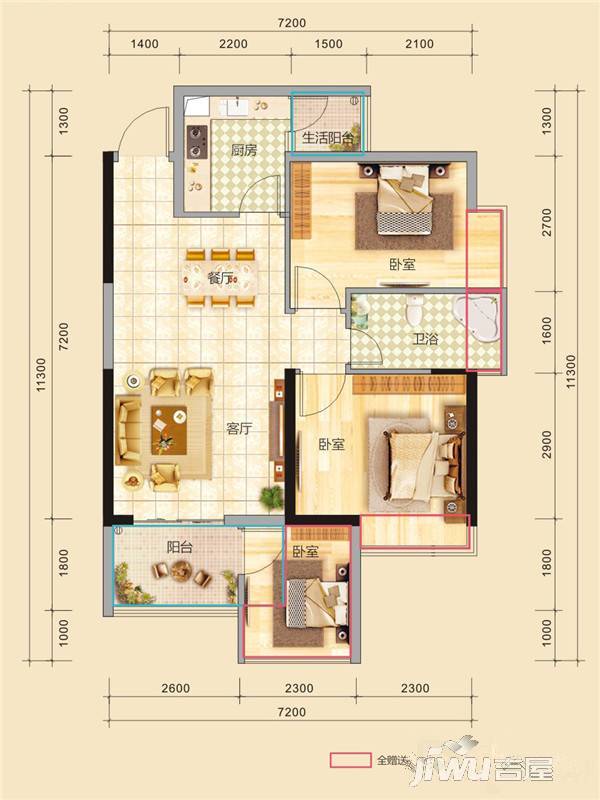 香槟小镇花园3室2厅1卫74.9㎡户型图