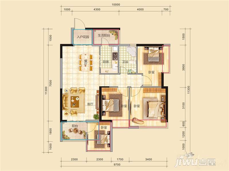 香槟小镇花园4室2厅2卫95㎡户型图