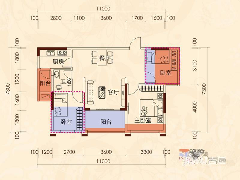 香槟小镇花园2室2厅1卫73.4㎡户型图