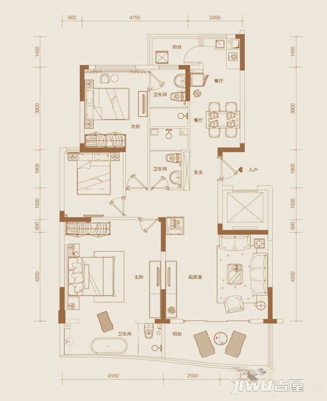 海宸世家3室2厅3卫141㎡户型图