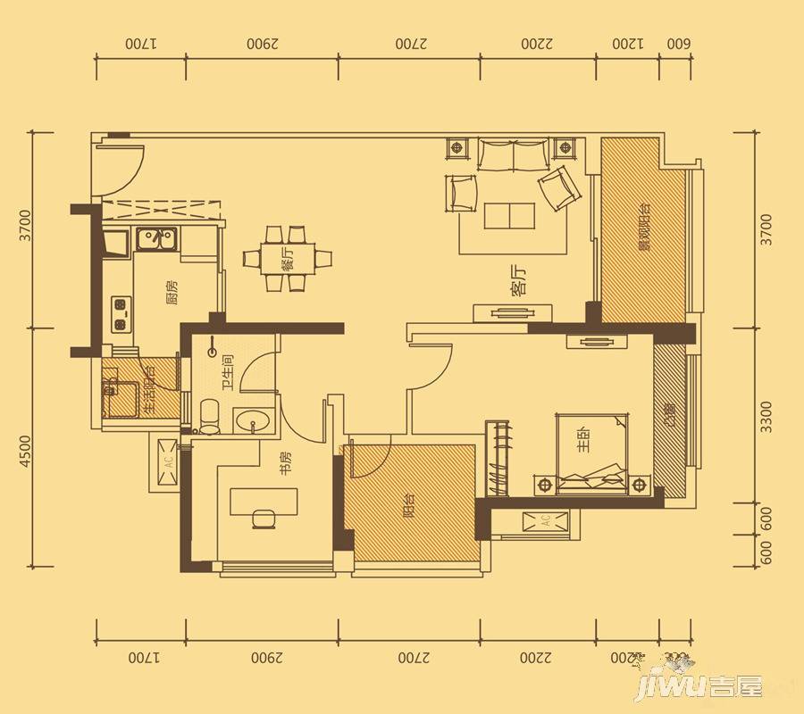 中信凯旋城2室2厅1卫88㎡户型图