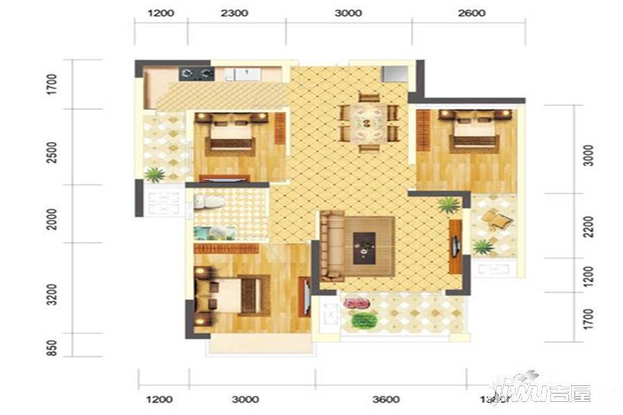 碧桂园翠湖湾3室2厅1卫80.3㎡户型图