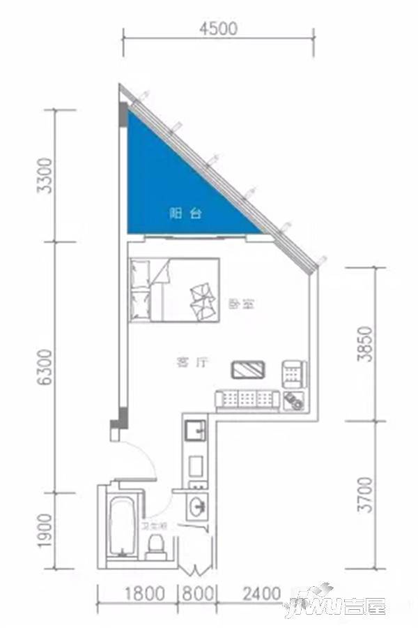 缤纷TOWN1室1厅1卫52㎡户型图