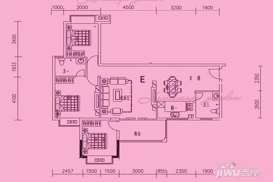 公庄山水花园3室2厅2卫111㎡户型图