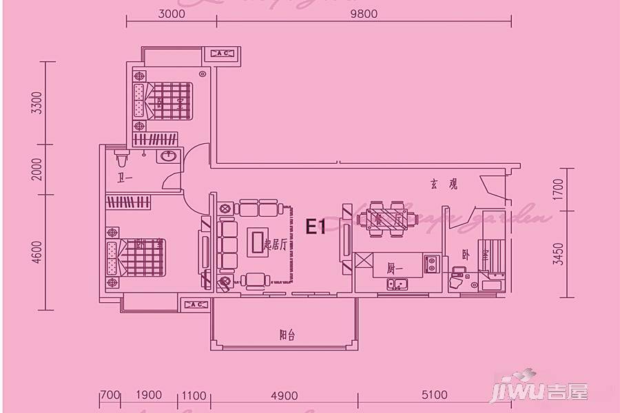 公庄山水花园3室2厅1卫101㎡户型图