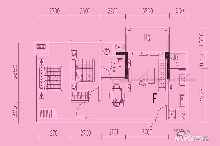 公庄山水花园2室2厅1卫66㎡户型图