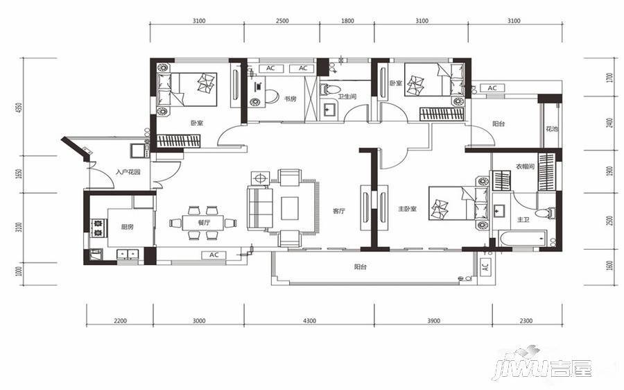 深业喜悦城3室2厅2卫143㎡户型图