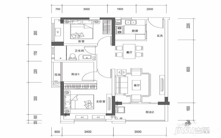 深业喜悦城2室2厅1卫80.5㎡户型图