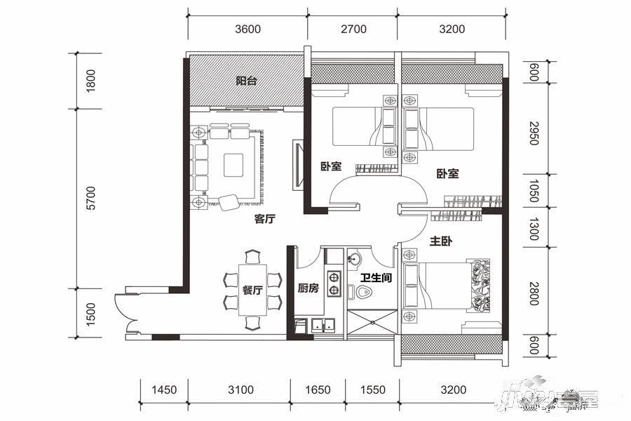 泰达红树湾3室2厅1卫99.5㎡户型图