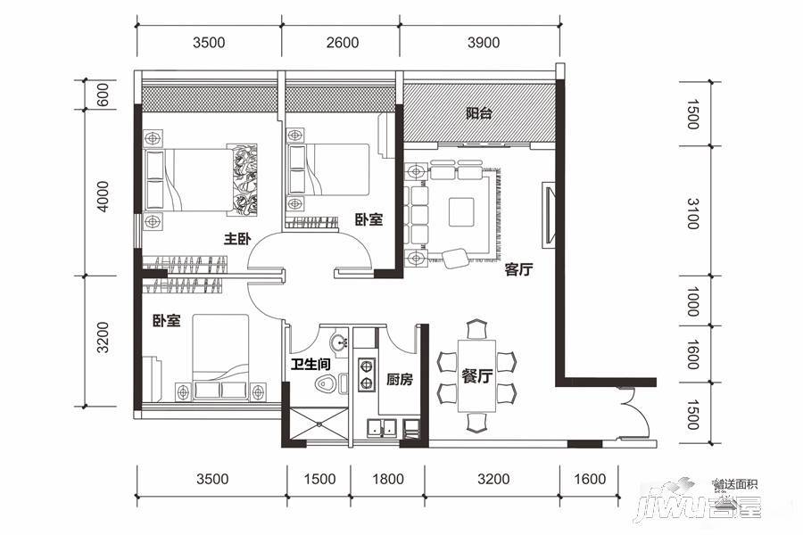 泰达红树湾3室2厅1卫100.6㎡户型图