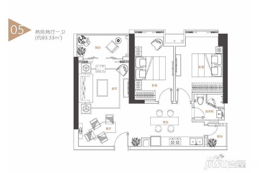 荣灿惠州中心IFC2室2厅1卫83.3㎡户型图