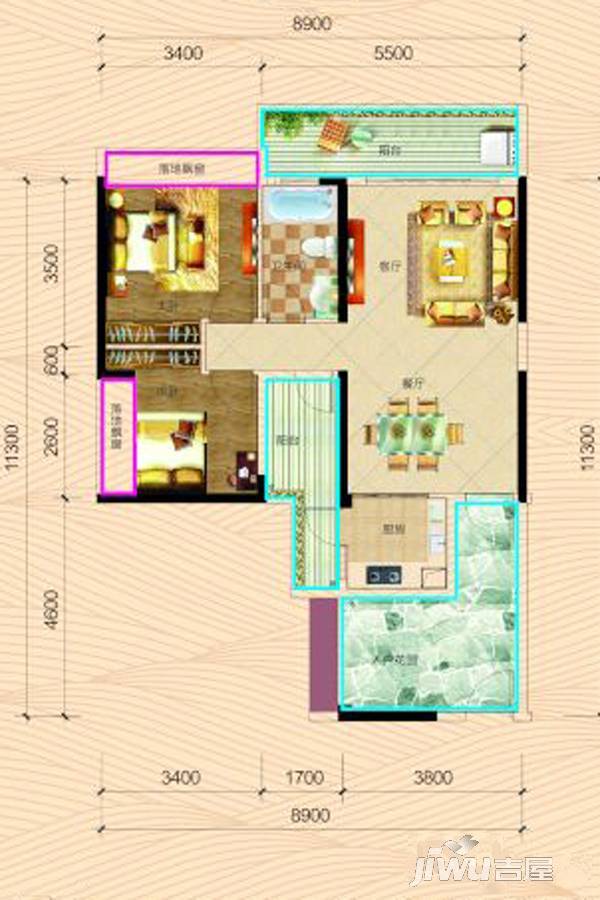 夏日南庭三期2室2厅1卫90㎡户型图