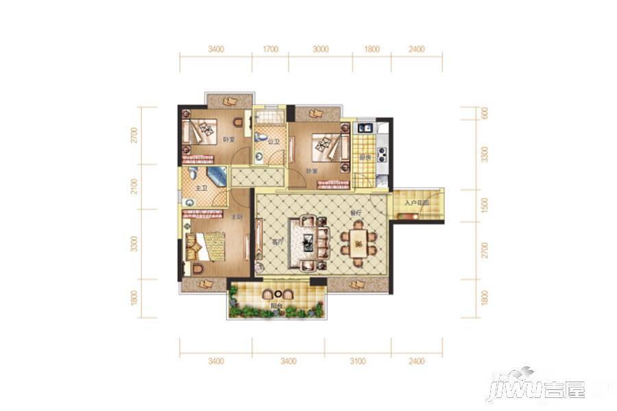 宏益花城3室2厅2卫105㎡户型图