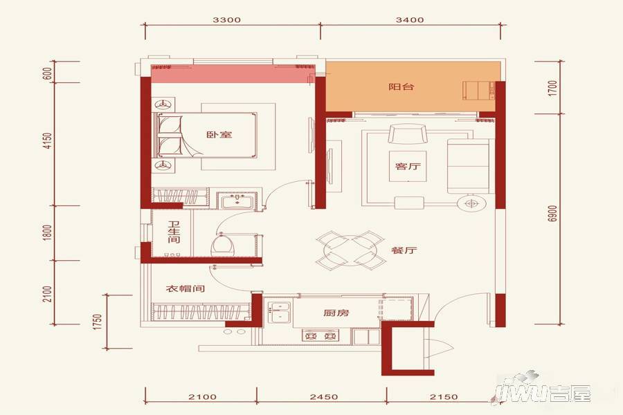 花样年康城四季御峰1室2厅1卫69㎡户型图