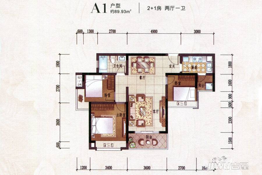 方直东岸3室2厅1卫89.9㎡户型图