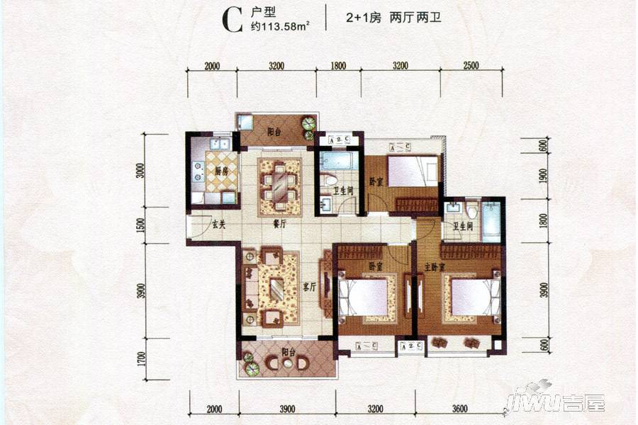 方直东岸3室2厅2卫113.6㎡户型图