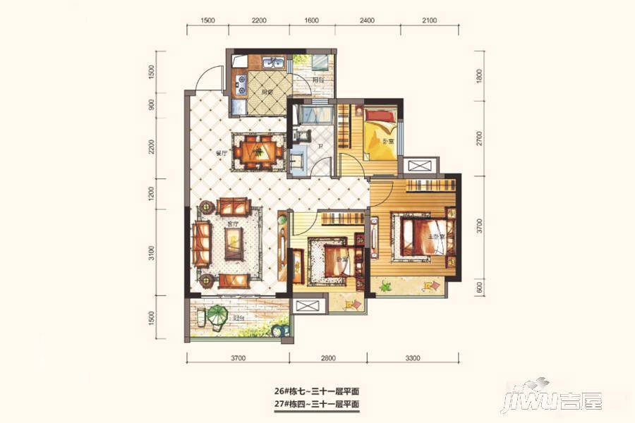 鼎峰公园豪庭3室2厅1卫88㎡户型图