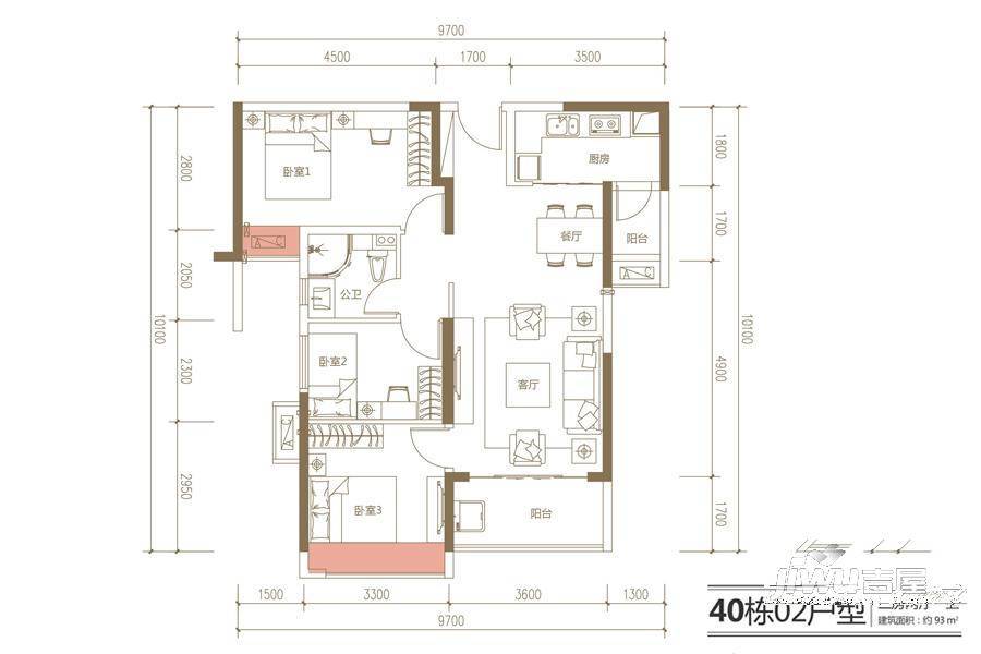 海伦堡爱Me城市3室2厅1卫93㎡户型图