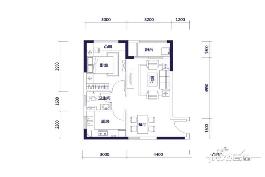 惠东国际新城1室2厅1卫60㎡户型图