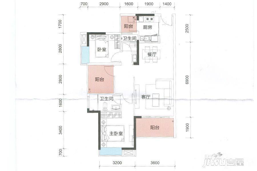 富盈公馆2室2厅2卫88.8㎡户型图