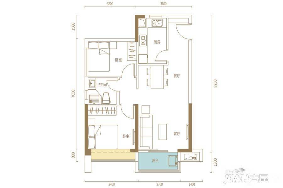 宝晟公馆2室2厅1卫71㎡户型图